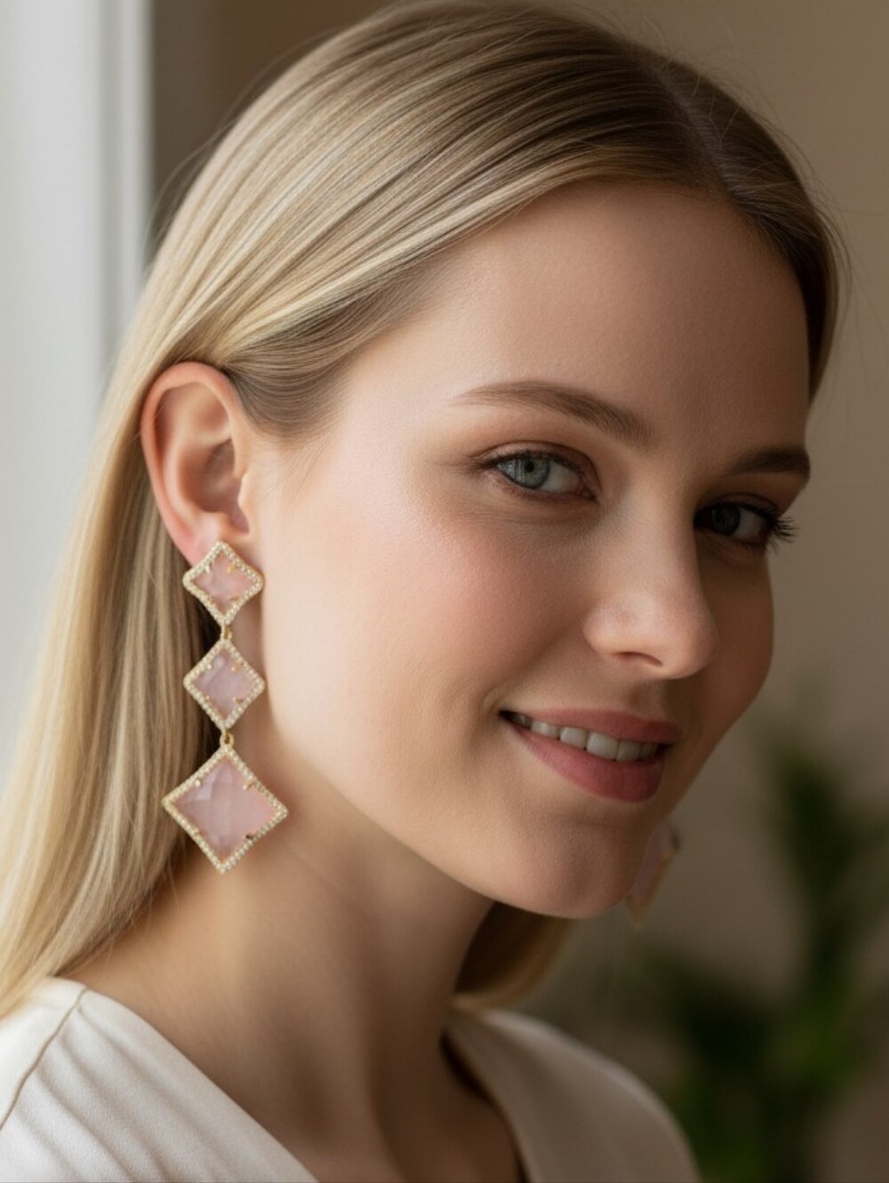 Nwt Zeyezey Gold & Pink Triple Square Drop Earrings - Women Jewelry